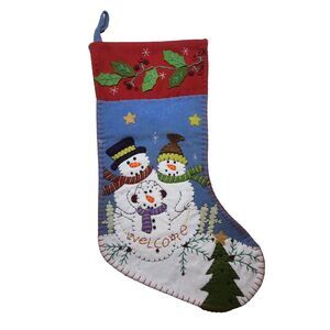 Snowman Appliqued Felt Christmas Stocking 3 Snowmen Beaded Embroidered